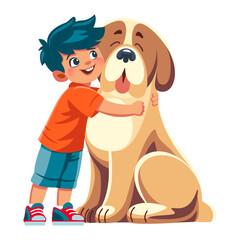 Cartoon smiling young boy with orange hair and yellow shirt hugging Saint Bernard dog. Flat vector