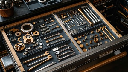 Workshop drawer filled with organized mechanical tools for detailed craft work