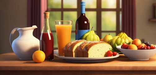 still life with fruits and berries, A table with food arranged in a row - bread, a bottle of wine, a cake, fruits, vegetables, and a jug with juice. Cartoon 3D style