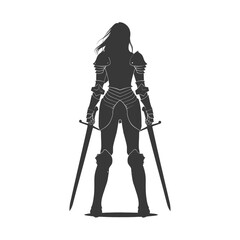 Silhouetted Female Knight: Back View, Full Armor, Dual Swords, Windblown Hair.