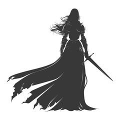 Silhouette Knight: Armored Woman with Sword and Flowing Gown on White.