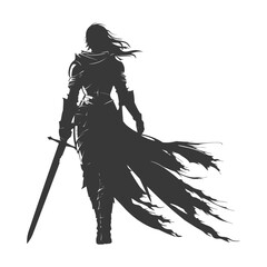 Silhouette of a Female Knight with Tattered Cloak and Sword.