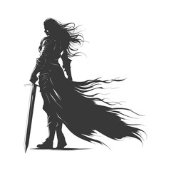 Silhouette Warrior: Female Knight with Flowing Hair and Sword.