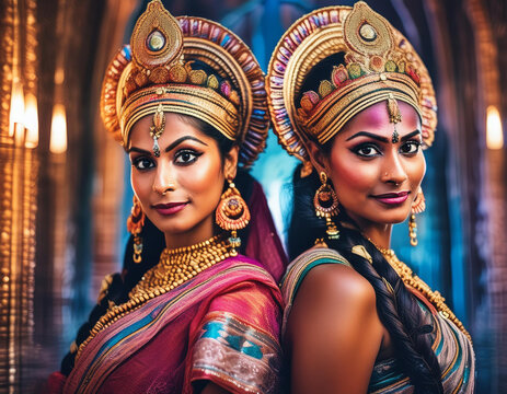 Indian queens  dancers  women in palace dress. Colorful traditional dress with crowns and ornaments. Hindu tradition