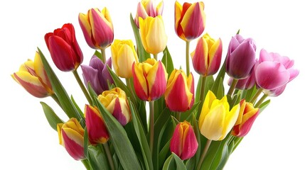 Obraz premium A bouquet of multicolored tulips, including red, yellow, pink, and purple, arranged beautifully against a white backdrop