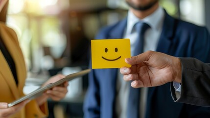 Fototapeta premium A customer experience concept is illustrated as a happy client woman provides feedback with a smiley face card to a businessman.