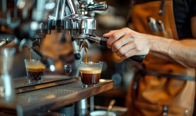 Close up hand of Barista working in coffee shop, preparing latte, making cappuccino. Bartender in apron preparing coffee drink