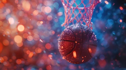 Close-up of a basketball going through a hoop with a colorful bokeh background. Sports equipment in action. Concept of sport, basketball, achievement, dynamic movement