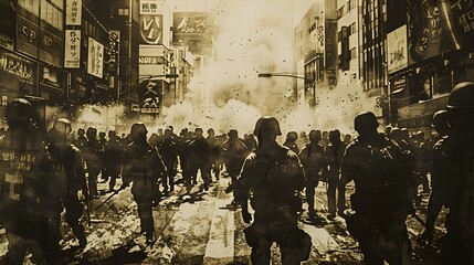 Intense Standoff Between Riot Police and Protesters at Aquaculture Farm in Vintage Sepia-Toned City Street Scene