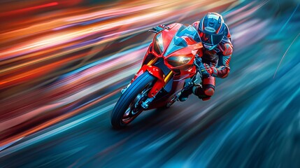Obraz premium Male motorcyclist speeding on a red sportbike. Fast ride on a racing bike. Concept of motorsport, speed, adrenaline, dynamic movement