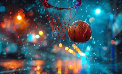 Obraz premium Basketball in Rainy City Street at Night. Orange Ball in Wet Hoop. Concept of urban sport, nightlife, athletic persistence, determination