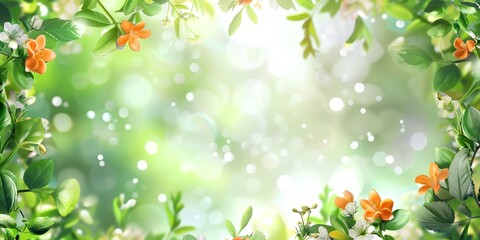 Obraz premium green and orange flower border with a boke of leaves and flowers in the background