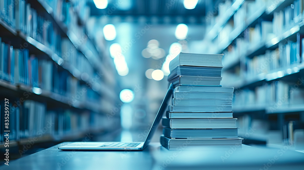 Poster A stack of books leaning on an open laptop in a library, blurred bookshelves in the background, symbolizing the concept of knowledge and technology integration. Generative AI