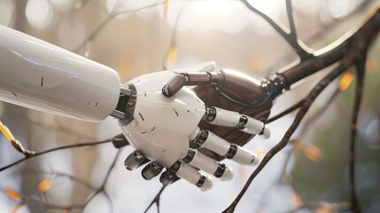 Obraz premium A rendered image of a robot hand and a twig engaged in a handshake gesture.