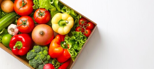 Assorted fresh vegetables in a cardboard box on a white textured background. Concept of healthy...