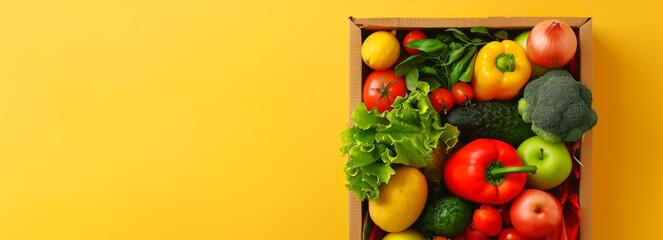 Fresh vegetables in a wooden crate on a yellow background. Healthy eating, organic produce, nutrition, farm-to-table. Concept of healthy lifestyle, diet, colorful food. Banner. Copy space
