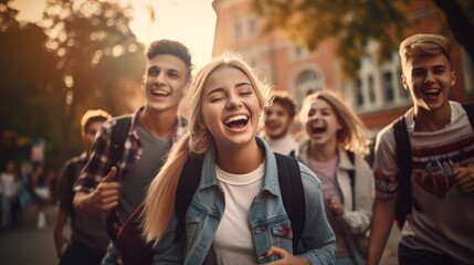 Fototapeta premium Group of smiling young people are studying together near university campus. Students outdoors.