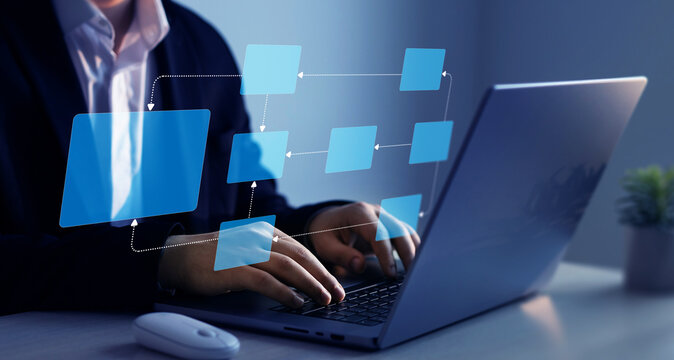 Scheme hierarchy management of corporate. Digital technology of business process and workflow automation with flowchart and processing management.