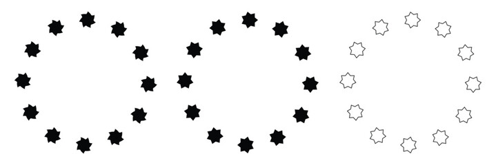 Star in circle icon set. Frame from stars isolated on white background. Abstract decorative pattern. Circle with black star icon. Vector Illustration .