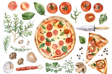 watercolor set of pizza with toppings on it on white background