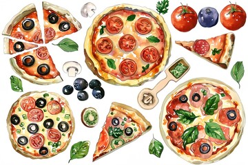 watercolor set of pizza with toppings on it on white background
