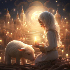 Goat Qurban Eid al adha mubarak festival islamic background, Witness heartfelt Eid celebration moments during Bakra Eid as people participate in age-old traditions, Arabic lantern design