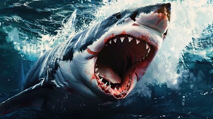 Fototapeta premium Amazing Painting of a shark with open mouth and sharp teeth in the water