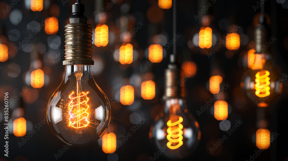 Poster multiple glowing light bulbs on a blurred background, illustrating a concept of ideas or innovation.