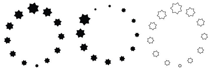 Star in circle icon set. Frame from stars isolated on white background. Abstract decorative pattern. Circle with black star icon. Vector Illustration .