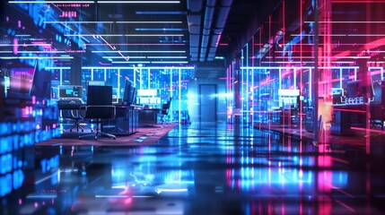 Modern neon cyberpunk open space office interior blurred with information technology overlay. Corporate strategy for finance, operations, marketing. Tables with computers for work. Technology