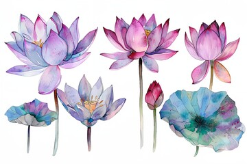 collection watercolor lotus flowers on white background