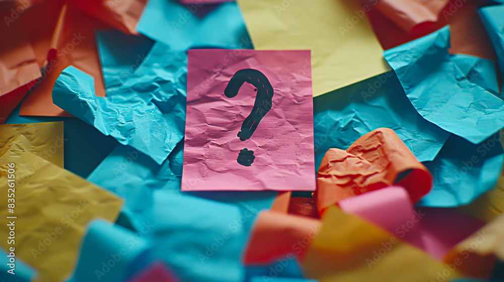 Poster a question mark on a pink card surrounded by crumpled colorful paper, creative concept on colorful b