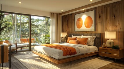 Fototapeta premium Experience the essence of modern elegance in this American bedroom, where sleek furniture, clean lines, and minimalist design converge to create a serene space