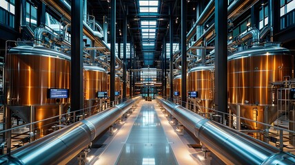 Obraz premium Inside a modern brewery showcasing gleaming metal vats and intricate piping providing a glimpse into beer production