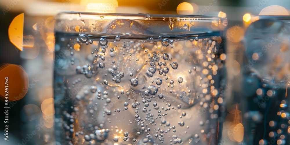 Wall mural a glass of water with bubbles, with a blurry background of lights