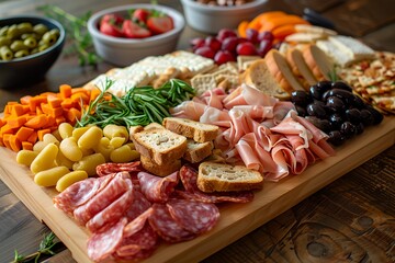 wooden platter filled with meats, cheeses, and vegetables on a table