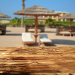 Desk of free space and summer ladnscape of beach and sea. 