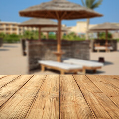 Desk of free space and summer ladnscape of beach and sea. 