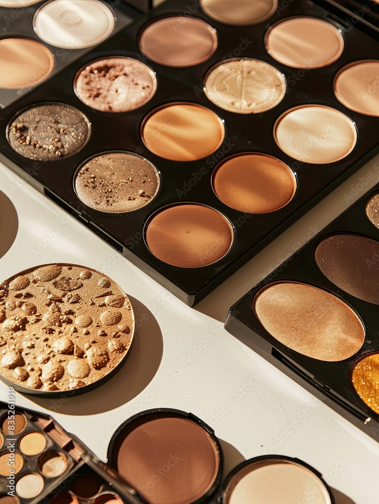 Poster a close-up shot of various contouring palettes and highlighters arranged on a light surface, showcas