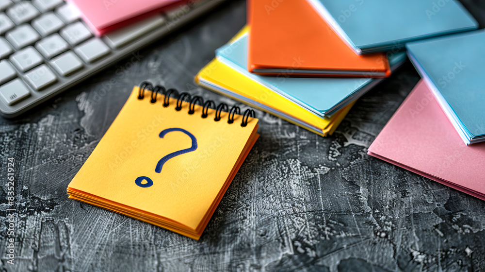 Poster colorful notebooks and a keyboard on a wooden background, with a question mark symbol on a notepad, 
