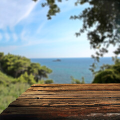 Desk of free space and summer ladnscape of beach and sea. 