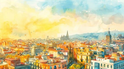 A sunny Barcelona cityscape in watercolor