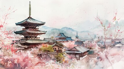 A watercolor painting of Kyoto in spring
