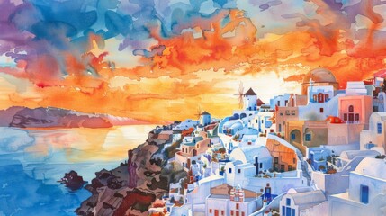 A watercolor scene of Santorini at sunset