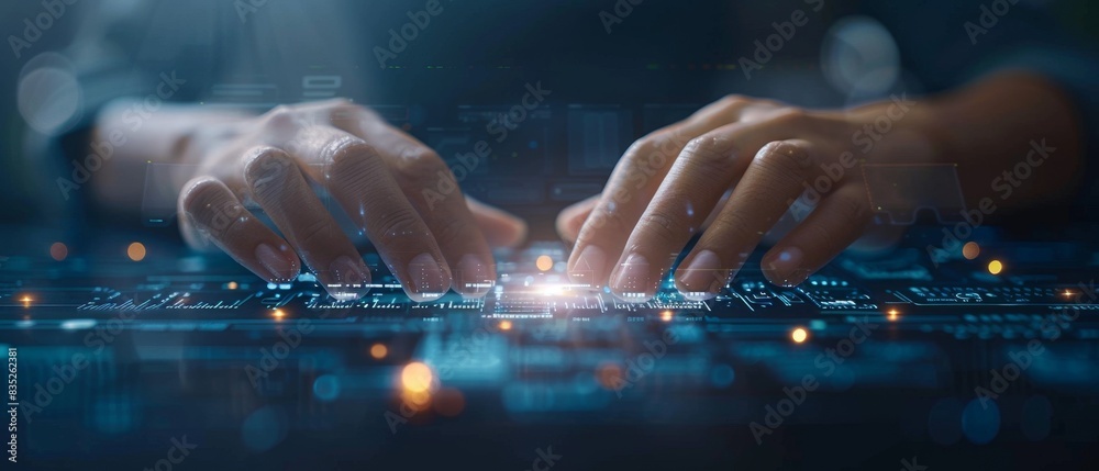 Fototapete hands holding a holographic sphere with data symbols transforming into structured graphs, signifying