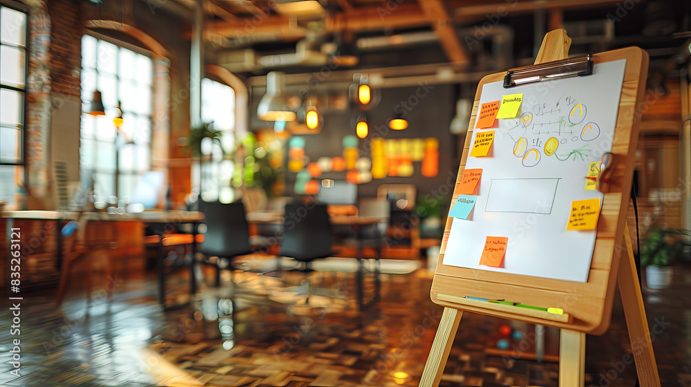 Poster A flipchart with sticky notes in a modern office environment, concept of brainstorming. Generative AI
