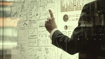 Employing a new modern computer, a businessman's hand is seen working on business strategy, embodying innovation and progress.
