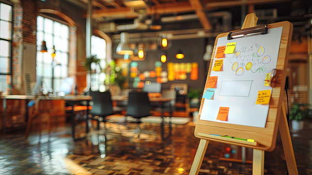 A flipchart with sticky notes in a modern office environment, concept of brainstorming. Generative AI