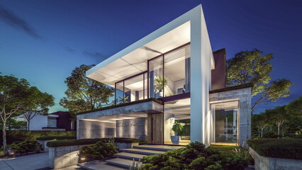 3d rendering of flat roof house with parking and pool for sale or rent with concrete facade and beautiful landscaping. Clear summer night with many stars on the sky