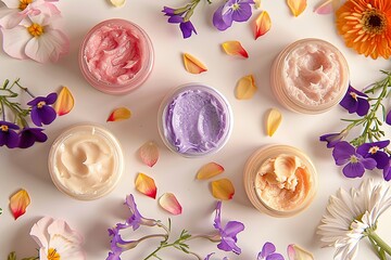 Five luxurious face creams in jars with a variety of colors and textures. Generative AI
